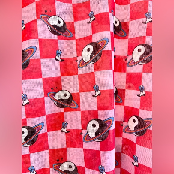 Dressed in Lala Long Sleeve Mesh Top Cosmic Cowgirl pink red checker yin yang M - Picture 5 of 10